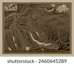 Zurich, canton of Switzerland. Elevation map colored in sepia tones with lakes and rivers. Locations of major cities of the region. Corner auxiliary location maps