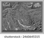 Zurich, canton of Switzerland. Grayscale elevation map with lakes and rivers. Locations of major cities of the region. Corner auxiliary location maps