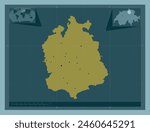 Zurich, canton of Switzerland. Solid color shape. Locations of major cities of the region. Corner auxiliary location maps