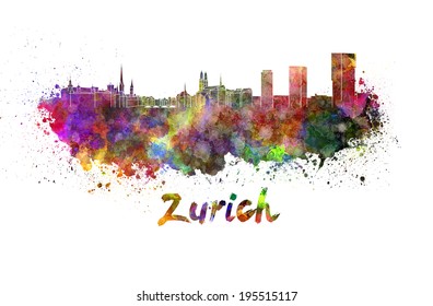 Zurich skyline in watercolor splatters with clipping path