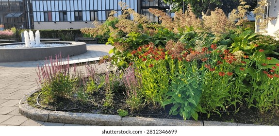 Colorful flower bed with red and purple blooms by fountain in city garden under bright summer sunlight, capturing peaceful urban nature scene.