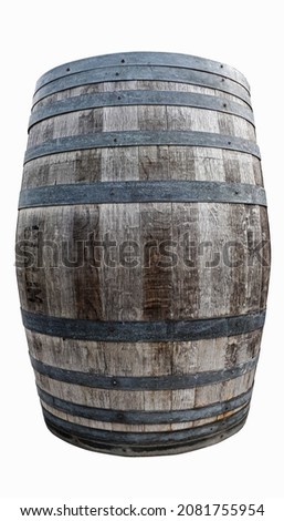 Aged old wooden vessel for market delivery trade product oil, rum, whisky, brandy. Antique vintage vat made of rough grunge cedar bar planks. Pub vault props stage decor for 3d country grange design