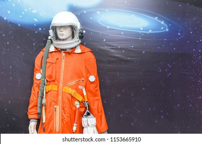 01 JULY 2018, UFA, RUSSIA: Orange Space Suit At Cosmos And Astronaut Exhibition