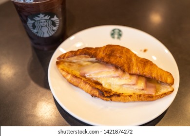 01 June 2019; Bangkok Thailand: Starbucks Food And Drink, Croissant Ham Cheese At Starbucks Cafe Coffee Shop