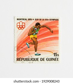 01.03.2021 Istanbul Turkey. Guinea Republic Postage Stamp. Circa 1976. Montreal 1976 Summer Olympics. Shot Put 