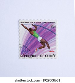 01.03.2021 Istanbul Turkey. Guinea Republic Postage Stamp. Circa 1976. Montreal 1976 Summer Olympics. 
Pole Vault