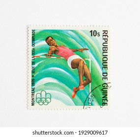 01.03.2021 Istanbul Turkey. Guinea Republic Postage Stamp. Circa 1976. Montreal 1976 Summer Olympics. High Jump 