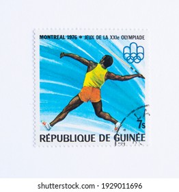 01.03.2021 Istanbul Turkey. Guinea Republic Postage Stamp. Circa 1976. Montreal 1976 Summer Olympics. Javelin Throw