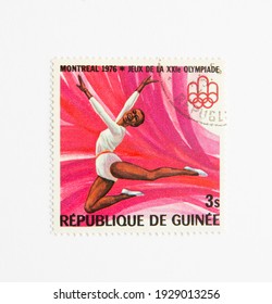 01.03.2021 Istanbul Turkey. Guinea Republic Postage Stamp. Circa 1976. Montreal 1976 Summer Olympics. Gymnastics