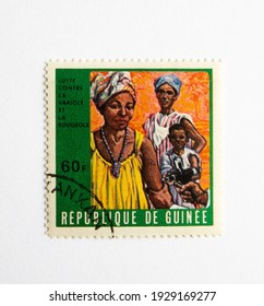 01.03.2021 Istanbul Turkey. Guinea Republic Postage Stamp. Circa 1972. The Fight For Measles And Smallpox Control. Vaccination Woman