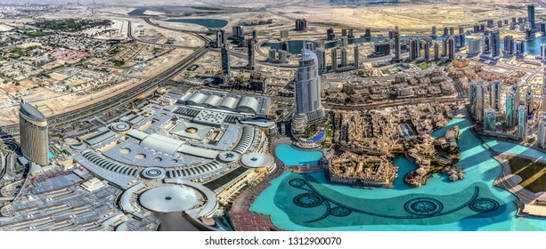 01/13/2019 - Dubai - United Arab Emirates - A the top view of Address Hotel and Buri park along with dancing fountains in Downtown Dubai, UAE