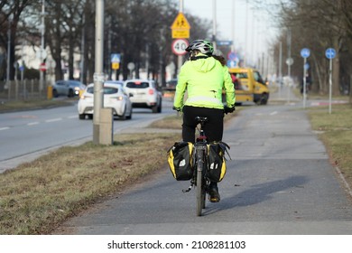 01.15.2022 Wroclaw, Poland, People Are Riding The Bike Path By Bike In Winter.