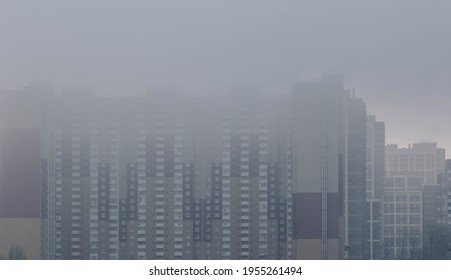 01.23.2021 Landscape Of A Foggy Gray Building. A Multi-storey Building With A Vague Mood. Winter City