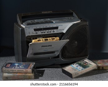 02 01 2022 Vintage Dusty Old Philips Radio With One Cassette Player With Cassette Tape. Vintage Cassette Player Background. Retro Look Studio Shot Lokgram Kalyan Maharashtra India.