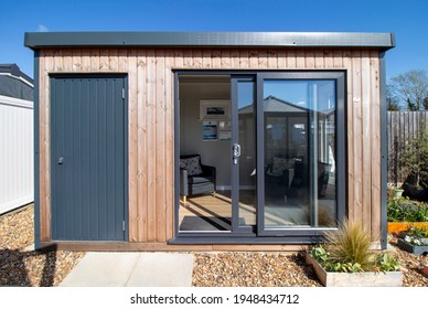 02 04 2021 Surrey England .Garden Wooden Shed On Display In UK Garden Shopping Centre.Summer House.