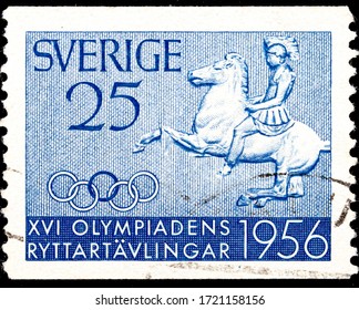 02 09 2020 Divnoe Stavropol Territory Russia Postage Stamp Sweden 1956 The Equestrian Olympics Rider In Ancient Armor On A Horse