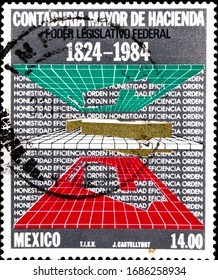 02 10 2020 Divnoe Stavropol Territory Russia postage stamp Mexico 1984 The 160th Anniversary of State Audit Offices map of Mexico in three planes in the colors of the Mexican flag.
