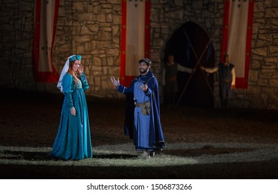 02 August 2019, Outdoor Theater Performance `Flor Do Reino` During A Medieval Event `Viagem Medieval Em Terra De Santa Maria` In Santa Maria Da Feira, Portugal.