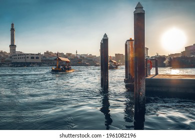 02 of February, 2018. Deira, Dubai, UAE. Public transport boat arrives at Dubai Deira pier