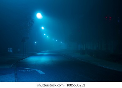 02 January 2021 , Germany , City Of Luckenwalde,At Night During The Curfew In The Streets Of Luckenwalde , No People On The Way,Deserted Street,very Foggy