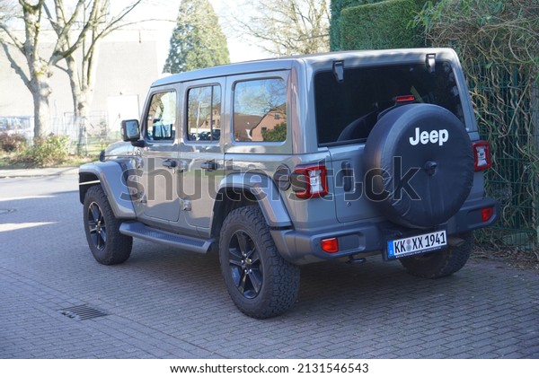 Süchteln,Germany-March 02,2022:\
Jeep Wrangler Unlimited, Sahara edition is a series of compact and\
mid-size four-wheel drive off-road SUVs manufactured by Jeep since\
2017-present \
