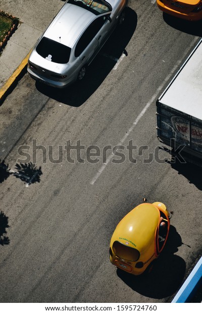 02/25/2019 - Havana, Cuba: Cars and Coco Taxi seen\
from above