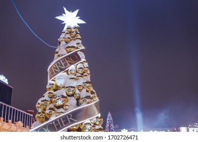 03 January 2020, Ufa, Russia: Ferrero Rocher Christmas Tree