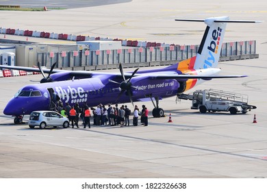 Düsseldorf,Germany-June 03,2018:Flybe Airline Bombardier DHC-8-402Q Dash 8.Flybe  Was A British Airline Based In Exeter, England. 