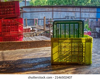 04 10 2022 Empty Stacks Of Colorful Plastic Crates In A Farmers Produce Market Pune Maharashtra India