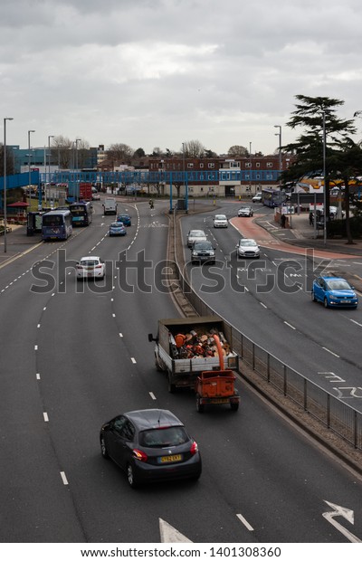 04/02/19 Portsmouth, Hampshire, UK british\
traffic in lanes shot from a bridge above\
