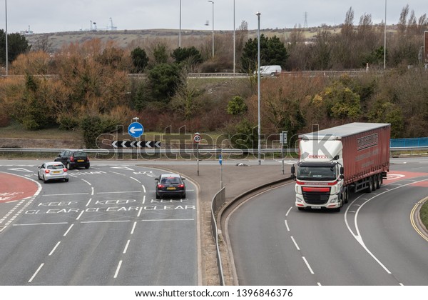 04/02/2019 Portsmouth,\
Hampshire, UK various vehicles moving on UK roads with lanes taken\
from a bridge above 