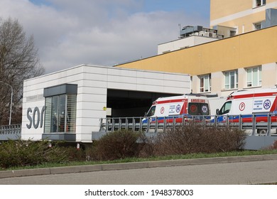 04.02.2021 Wroclaw, Poland, Ambulances With Patients In The Hospital Driveway Are Waiting In Line.