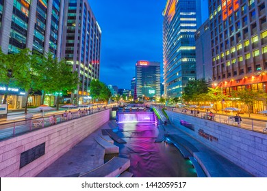 04/07/2019:Seoul,Korea:Cheonggyecheon Plaza with Spring tower landmark in Seoul City at night is the best point to visit for travel.