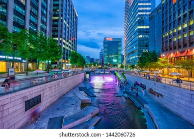 04/07/2019:Seoul,Korea:Cheonggyecheon Plaza with Spring tower landmark in Seoul City at night is the best point to visit for travel.
