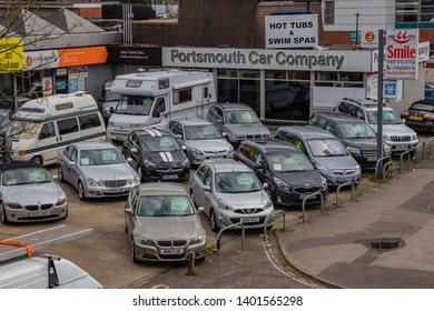 04/14/19 Portsmouth, Hampshire, UK Portsmouth Car Company Used Car Showroom, A Typical English Used Car Lot