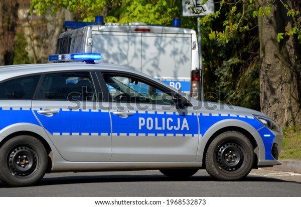 04.30.2021 wroclaw, poland, Polish police car on\
patrol in the city\
center.