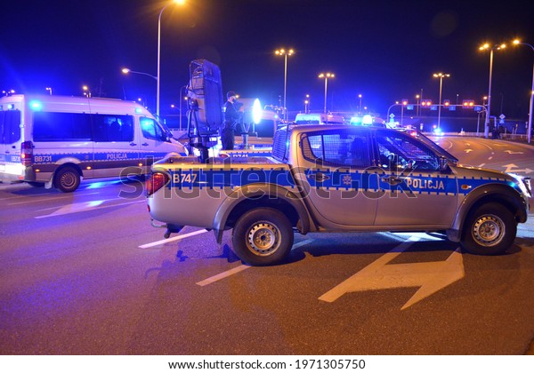 04.30.2021 wroclaw,\
poland, A specialist car of the Polish police in a night action\
near the football\
stadium.
