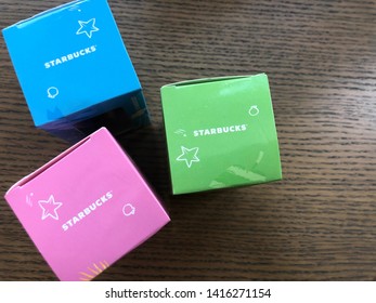 05 June 2019; Nonthaburi Thailand: Background Of Top View Of Starbucks Gift Boxes At Starbucks Cafe Coffee Shop