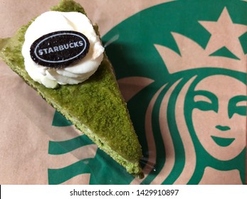 05 June 2019; Nonthaburi Thailand: Top View Of Starbucks Brownie Green Tea Cake At Starbucks Cafe Coffee Shop