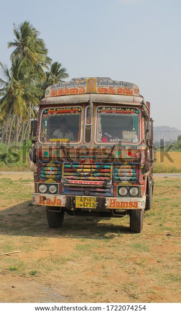 05.02.2017. Goa. India. A psychedelic\
bus painted with multicolored colors. passenger transportation in\
India. Route transport. Hippie minibus. Unusual\
transport