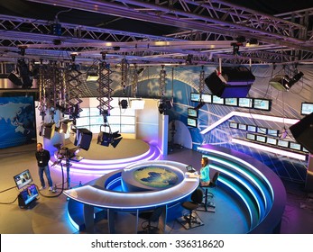05.04.2015, MOLDOVA, "Publika TV" NEWS studio with light equipment ready for recordind release.