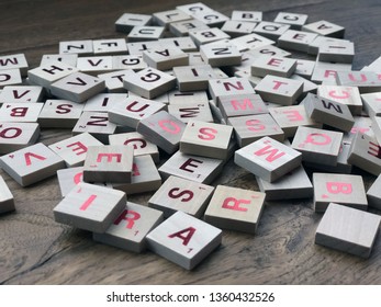 05.04.2019 Parma, Italy: A Lot Of Scrabble Letters On The Table