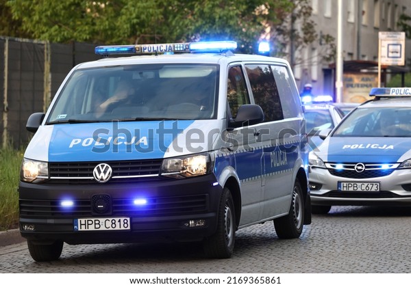 05.14.2022 wroclaw, poland, The car\
of the Polish traffic police on signals in the city is\
alarming.