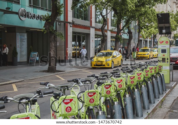 05.2019, Budapest: Budapest street city bike parking\
station yellow taxi 