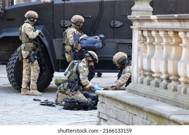 05.25.2022 wroclaw, poland, A combat team of police counter-terrorists during an action during an exercise.