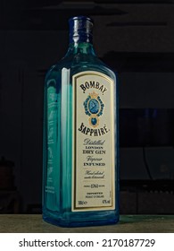 06 21 2022 Old Empty Bombay Sapphire Gin Bottle On Dark Background Studio Shot Lokgram Kalyan Maharashtra India.