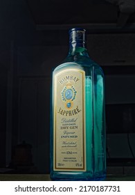 06 21 2022 Old Empty Bombay Sapphire Gin Bottle On Dark Background Studio Shot Lokgram Kalyan Maharashtra India.