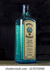 06 21 2022 Old Empty Bombay Sapphire Gin Bottle On Dark Background Studio Shot Lokgram Kalyan Maharashtra India.