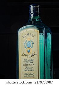 06 21 2022 Old Empty Bombay Sapphire Gin Bottle On Dark Background Studio Shot Lokgram Kalyan Maharashtra India.