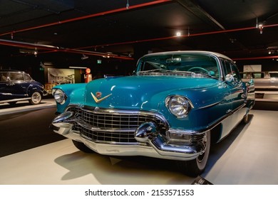 06 May 2022, Azerbaijan,Baku, Heydar Aliyev Center- Classic Car exhibition. Cadillac Coupe Deville 1955. Retro car on exhibition.